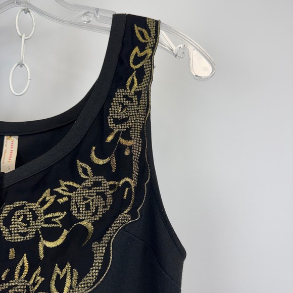 Free People Black Gold Embroidered Sleeveless Mini Dress Size 4 Floral Cutout - Picture 5 of 14